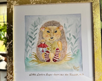 Little Lantern Keeper - Hedgehog with Lantern, Watercolor & Colored Pencil | Unique piece from the series Creatures from the Fairy Forest No. 3