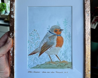 Small Composer– Rotkehlchen, Aquarell & Buntstift | Unikat aus der Reihe Wesen aus dem Feenwald Nr. 2