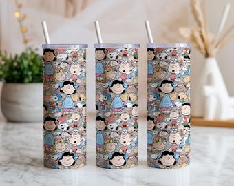Adesivo per bicchiere termico da 20 oz con motivo Peanuts Friends in formato PNG / Design per sublimazione con motivo cane dei cartoni animati / Download digitale