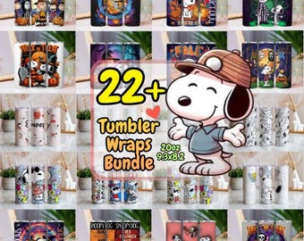 Pacchetto di oltre 22 adesivi per bicchieri termici con cani dei cartoni animati in formato PNG, design per sublimazione slim da 20 once, adesivi autunnali e di Halloween con cuccioli carini, download immediato.
