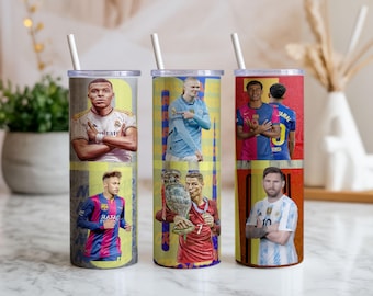 Adesivo per bicchiere termico con stelle del calcio PNG, design a sublimazione sottile da 20 oz, adesivo per bicchiere con leggende del calcio, regalo per appassionati di sport, download immediato