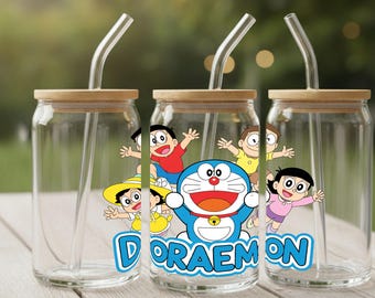 Doraemon Friends - Immagine PNG per lattina di vetro da 16 oz / Design per sublimazione su lattina di vetro Libbey in stile anime/cartone animato / Download digitale