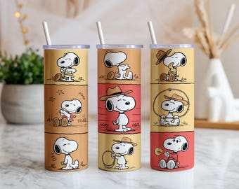 Adesivo per bicchiere termico con cane cowboy in stile cartone animato PNG, design sottile per sublimazione da 20 oz, adesivo per bicchiere con cucciolo western, stile ranch carino, download immediato