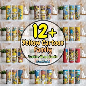Op de afbeelding: Een bundel van 12+ cartoon-thema tumbler wraps met de Yellow Cartoon Family. De wraps zijn ontworpen voor 20oz tumblers, met afmetingen van 23,6 x 20,8 cm. De ontwerpen tonen verschillende personages en scènes uit de animatieserie.