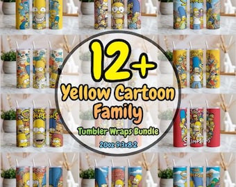 Pacchetto di 12+ adesivi per bicchieri termici con personaggi dei cartoni animati gialli, formato PNG, per bicchieri da 20 oz, design per sublimazione, adesivi divertenti con cartoni animati, download immediato.