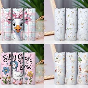 Op de afbeelding: Vier roestvrijstalen bekers met ganzenontwerpen. Eén heeft een gans met een strik, een ander ganzenillustraties, een derde zegt "Silly Goose on the Loose", en de laatste heeft ganzen in winterkleding.