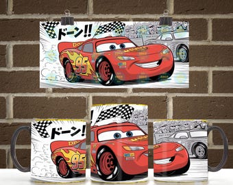 Immagine PNG di Saetta McQueen per tazze da 11 oz e 15 oz / Design per sublimazione di tazze da caffè con auto da corsa / Download digitale