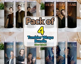 Confezione da 4 adesivi PNG per bicchieri termici Hunter Brothers, design per sublimazione slim da 20 oz, adesivi in stile dark fantasy TV, download immediato.