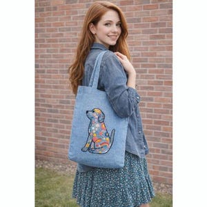 Borsa tote con cucciolo ricamata a mano, esclusiva shopper in cotone
