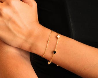 Four Leaf Clover Bracelet, Gold Dainty Stacking, Handmade Dainty Gold Clover Bracelet, Golden Flower Charm Bracelet, Lovely Elegant Jewelry