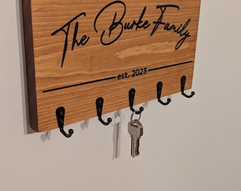 Personalized Rustic Wooden Key Rack, Custom Engraved Family Name Home Decor