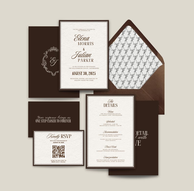 Elegancki zestaw zaproszeń ślubnych w kolorze ciemnobrązowym, zestaw zaproszeń ślubnych w stylu old money, minimalistyczny szablon zestawu ślubnego, nowoczesne klasyczne dokumenty Rsvp zdjęcie 10
