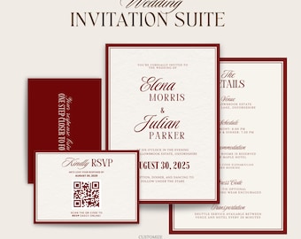 Burgundy Wedding Invitation Suite Elegant Invite, Canva Template | Instant Digital Download