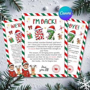 Könnte beinhalten: Drei Weihnachtskarten mit roten, grünen und weißen Rändern. Die Karten zeigen Elfenillustrationen, Zuckerstangen-Zahlen und festlichen Text wie "I'm Back!" und "We're Back!" mit einem Feiertags-Thema.