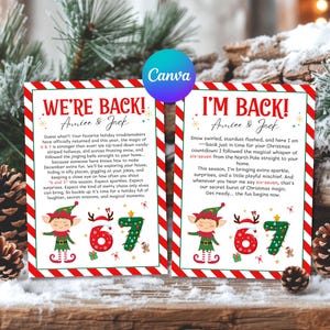 Op de afbeelding: Twee kerstkaarten met rood-witte gestreepte randen. De kaarten bevatten tekst, elfenillustraties en de cijfers 6 en 7. Eén kaart zegt "WE'RE BACK!" en de andere zegt "I'M BACK!" met de namen "Anniee & Jack".