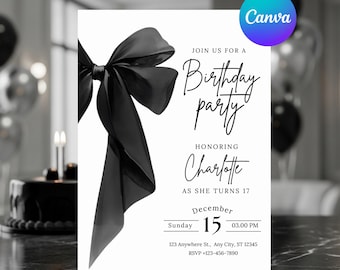 Black Bow Birthday Invitation Template: Elegant Editable Party Invite Coquette Coquette  Digital Download 21st 30th Birthday Invite Digital