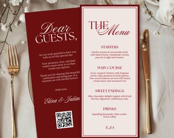 Old Money Wedding Menu Card Template Elegant Burgundy Dinner Menu Card, Digital Wedding Menu Card, Canva Template | Instant Digital Download