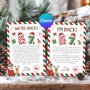 Puede incluir: Dos tarjetas navideñas con bordes rojos y verdes. Las tarjetas presentan el texto "WE'RE BACK!" y "I'M BACK!" con ilustraciones de bastones de caramelo, elfos y renos. Las tarjetas están diseñadas para la temporada navideña.