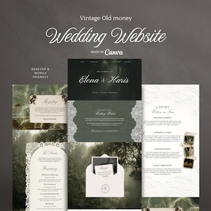 Puede incluir: Diseño de sitio web de bodas de estilo vintage. El diseño presenta una combinación de colores verde oscuro y blanco, con fuentes elegantes y elementos de encaje decorativos. Incluye secciones para registro, itinerario y RSVP.