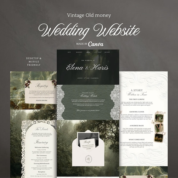 Vintage Wedding Website Template Customizable Old Money Website Classic Canva Digital Download