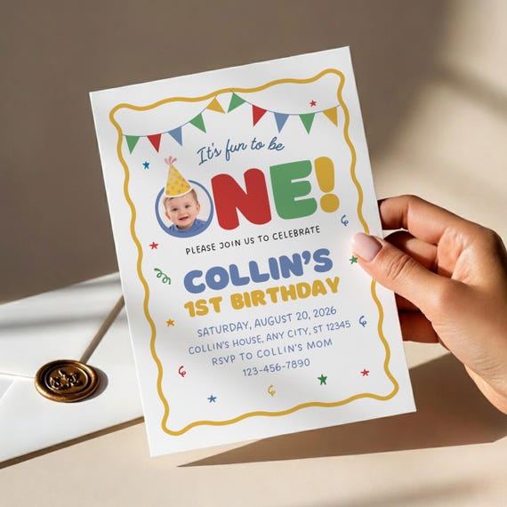Its Fun To Be One First Birthday Invitation, Boy Invitation, 1st Birthday, Editable Canva Template | Instant Download