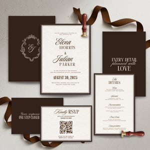 Elegancki zestaw zaproszeń ślubnych w kolorze ciemnobrązowym, zestaw zaproszeń ślubnych w stylu old money, minimalistyczny szablon zestawu ślubnego, nowoczesne klasyczne dokumenty Rsvp zdjęcie 1