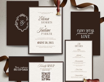 Elegant Dark Brown Wedding Invitation Suite, Old Money Wedding Invite set, Minimalist Wedding Suite Template, Modern Classic Stationery Rsvp