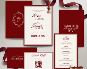 Old Money Wedding Invitation Suite Elegant Red and Cream Invite, Canva Template | Instant Digital Download