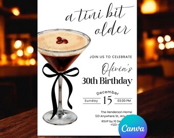 Invitación de cumpleaños para adultos mayores de Tini Bit, invitación editable de Martini Espresso, invitación de Martini para adultos, fiesta de cumpleaños coqueta, editable en Canva