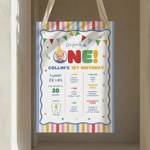 Puede incluir: Un póster de cumpleaños personalizado para un niño de un año, con una foto y estadísticas como peso, altura (76 cm) y cosas favoritas. El diseño incluye texto e ilustraciones coloridas, con una pancarta en la parte superior que dice "It's fun to be ONE!"