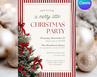 Puede incluir: Invitación a una fiesta de Navidad con un diseño festivo. La invitación presenta un árbol de Navidad con lazos rojos y el texto "a merry little CHRISTMAS PARTY". Incluye fecha, hora e información de RSVP.