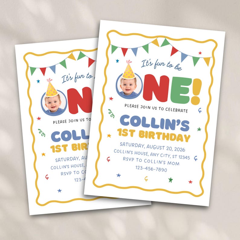 May include: Two birthday invitations with a yellow border and colorful accents. The invitations feature a photo of a baby wearing a party hat, the text "It's fun to be ONE!" and details for the party.