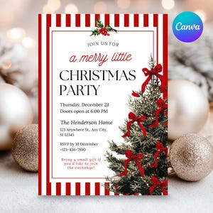 Op de afbeelding: Een uitnodiging voor een kerstfeest met een rood-witte gestreepte rand. De uitnodiging toont een kerstboom versierd met rode strikken en de tekst "a merry little CHRISTMAS PARTY". De uitnodiging bevat de datum, tijd en locatie.