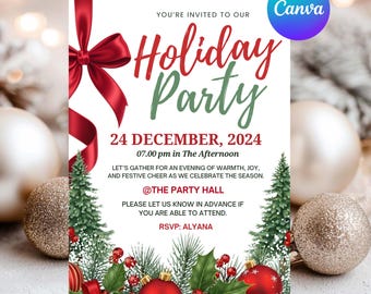May include: A festive holiday party invitation with a red ribbon and bow. The invitation includes the text "Holiday Party" in red and green, along with the date, time, and RSVP information. The design features Christmas tree illustrations and ornaments.