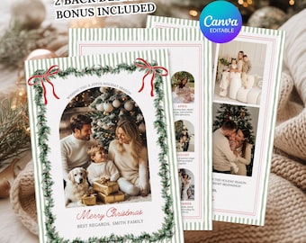 Editable Christmas Photo Card Sage Green Stripe Template Canva Family Christmas Card Red Bow Garland Printable Download