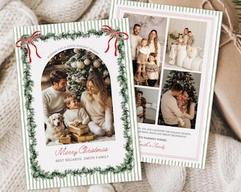 Editable Christmas Photo Card Sage Green Stripe Template Canva Family Christmas Card Red Bow Garland Printable Download