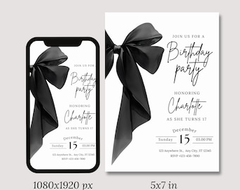 Black Bow Birthday Invitation Template: Elegant Editable Party Invite Coquette Coquette  Digital Download 21st 30th Birthday Invite Digital
