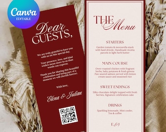 Old Money Wedding Menu Card Template Elegant Burgundy Dinner Menu Card, Thank You Card, Digital Wedding Menu Card, Instant Digital Download