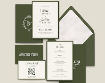 Oud geld olijfgroene bruiloft uitnodigingssuite, elegante monogram bruiloft uitnodigingssuite, luxe bruiloft briefpapier, digitale afdrukbare