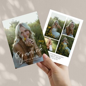 May include: Graduation announcement featuring a young woman in a white dress holding a yellow flower. The card includes the word "Graduate", the graduate's name, and university. The back of the card has multiple photos of the graduate.