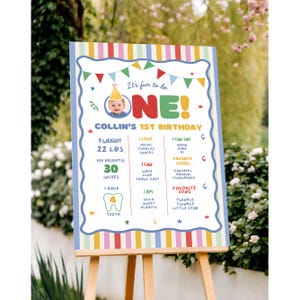 Może przedstawiać: Kolorowy znak urodzinowy na sztaludze. Znak głosi "It's fun to be ONE!" i zawiera imię dziecka, wagę (10 kg), wzrost (76 cm) i ulubione rzeczy. Znak jest ozdobiony gwiazdami i girlandami.