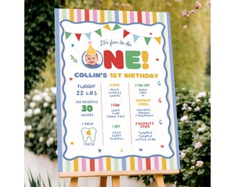 Fun to Be One Birthday Milestone Sign, Fun to Be One Sign, Colorful 1st birthday Poster, Baby Stats Template Custom Photo 1st Birthday Canva