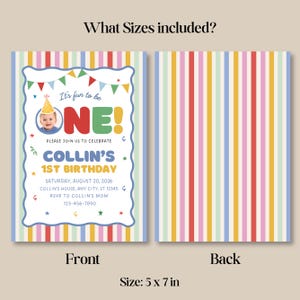 May include: A 5 x 7 inch birthday invitation card featuring a front side with a photo of a child in a party hat, colorful bunting, and the text It's fun to be ONE! Collin's 1st Birthday, and a back side with a vertical multi-colored striped pattern.