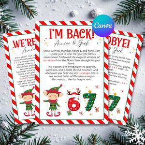 Könnte beinhalten: Drei Weihnachtskarten mit rot-weiß gestreiften Rändern. Die Karten zeigen Text, Illustrationen von Elfen und die Zahlen 6 und 7. Der Text enthält Sätze wie "Ich bin zurück!" und "Auf Wiedersehen!" mit einem Canva-Logo.