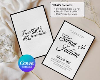 Bröllopsinbjudningssvit med gamla pengar, elegant lyxig svartvit inbjudningsuppsättning, minimalistisk bröllopsinbjudning, Canva-mall, digital nedladdning