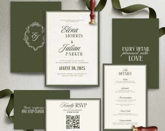 Oud geld olijfgroene bruiloft uitnodigingssuite, elegante monogram bruiloft uitnodigingssuite, luxe bruiloft briefpapier, digitale afdrukbare