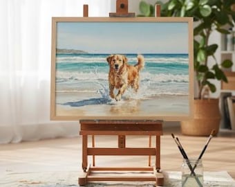 Golden Retriever on Beach Art, Dog at Sea Watercolor Print, Coastal Dog Wall Decor, Pet Lover Gift, Digital Download