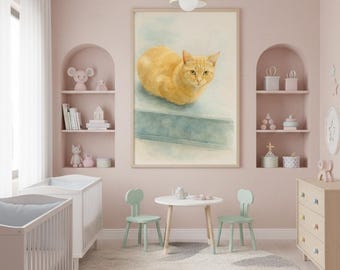 Retrato de gato en acuarela, decoración floral de pared para gatitos, regalo para amantes de las mascotas, ilustración minimalista de gato, impresión artística de gato atigrado calicó, descarga digital