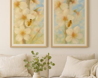 Spring almond blossom watercolor art with honey bees. Elegant botanical wall decor for nature lovers. Almond Tree Flower, Digital Download