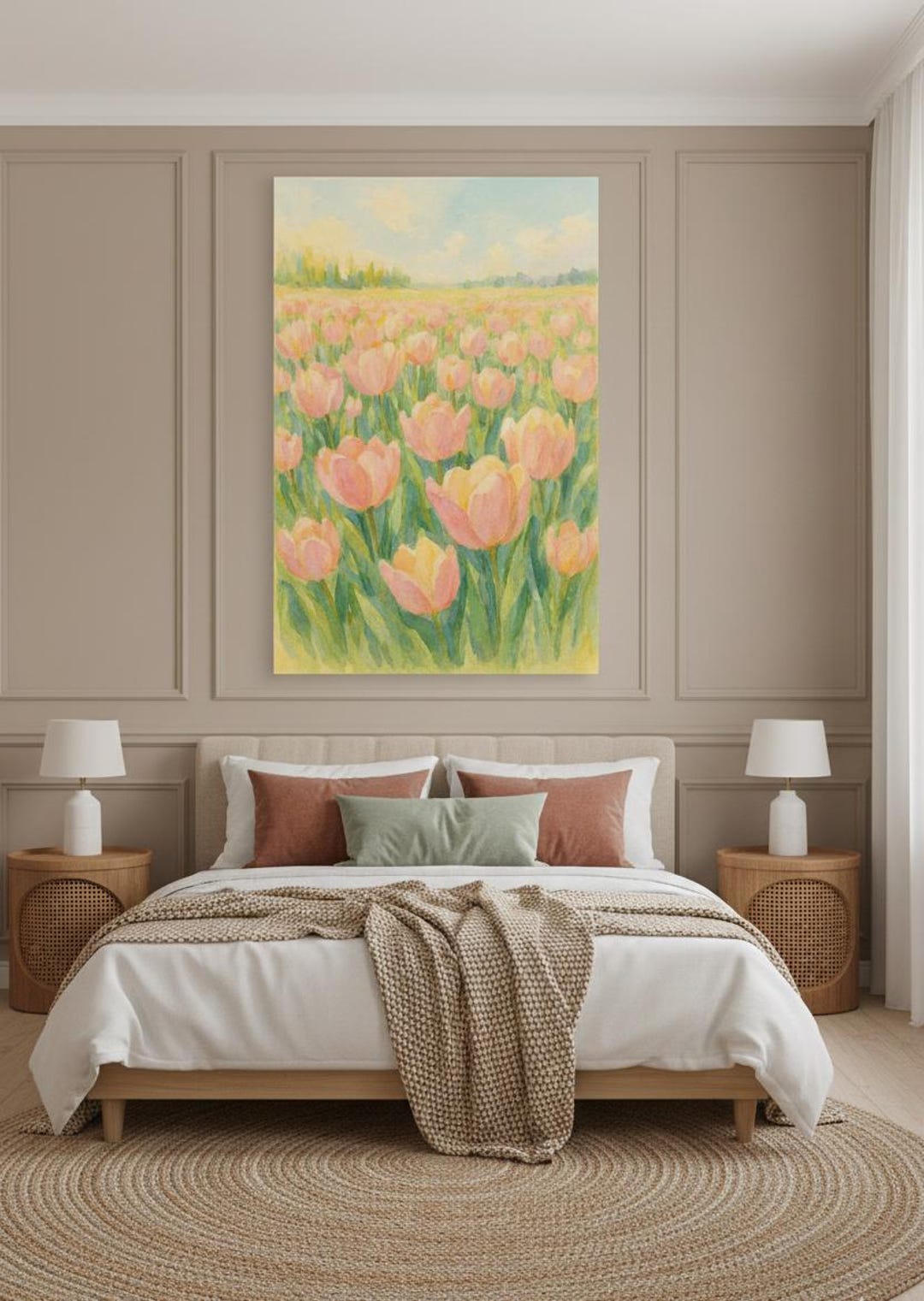 Tulip Field Watercolor Wall Art, Floral Art Print, Soft Pastel Painting ...